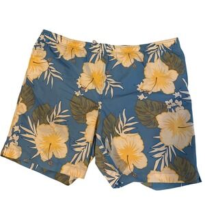 Lands End Men's XXL Tropical Hibiscus Swim Trunks Blue Yellow Floral Aloha Style